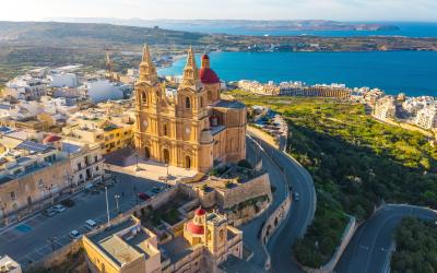 Aerial view of famous old Mellieha Parish Church or Birth of Our Lady. Malta