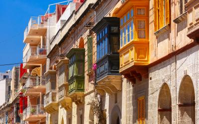The traditional Maltese colorful wooden balconies in Sliema, Malta