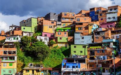 colorful streets of comuna 13 district in medellin, colomba