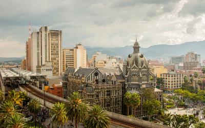 Panoramic view of Medellin downtown and Metro Station, Columbia