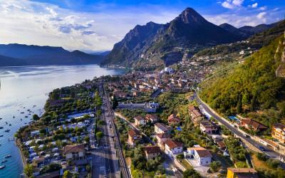 aerial drone view of Iseo lake and village