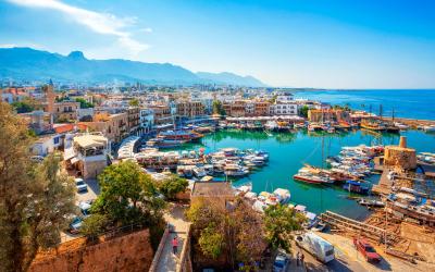 Panoramic view of Kyrenia (Girne) old harbour on the northern coast of Cyprus.