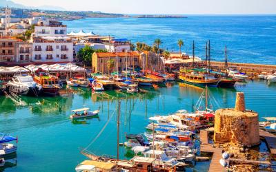 Panoramic view of Kyrenia (Girne) old harbour on the northern coast of Cyprus.