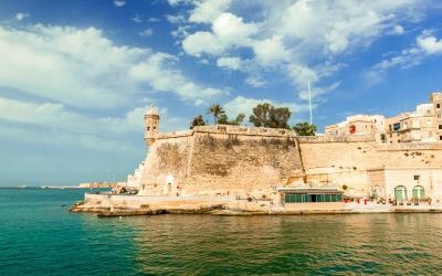 watch tower and the walls of Valletta at Gardjola Gardens in Senglea, Malta