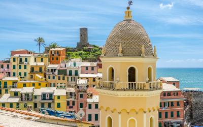 Vernazza in Cinque Terre, Italy, view at the town from mountain trail