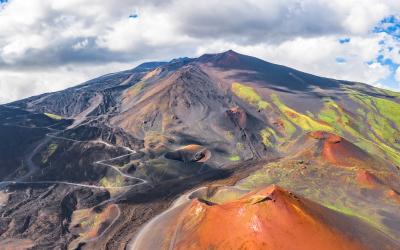 Panoramic wide view of the active volcano Etna,