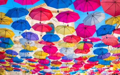 Strung up umbrellas in Catania, Italy.